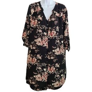 Floral Black and Pink Button-Up Dress